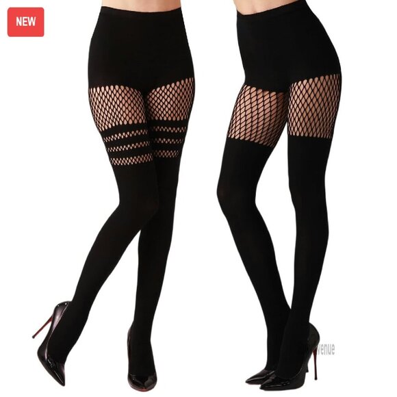 Other - Mock Suspender Fishnet Tights Pack of 2 - Faux Thigh High Stockings